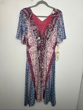 World Unity Dress Womens Medium Bohemian Paisley V Neck Midi Jersey stretch